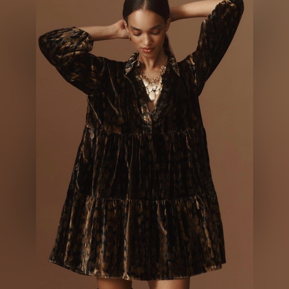 Maeve Bettina Tiered Shirt Dress Velvet Edition Anthropologie Gold/Brown Size L - Picture 3 of 9